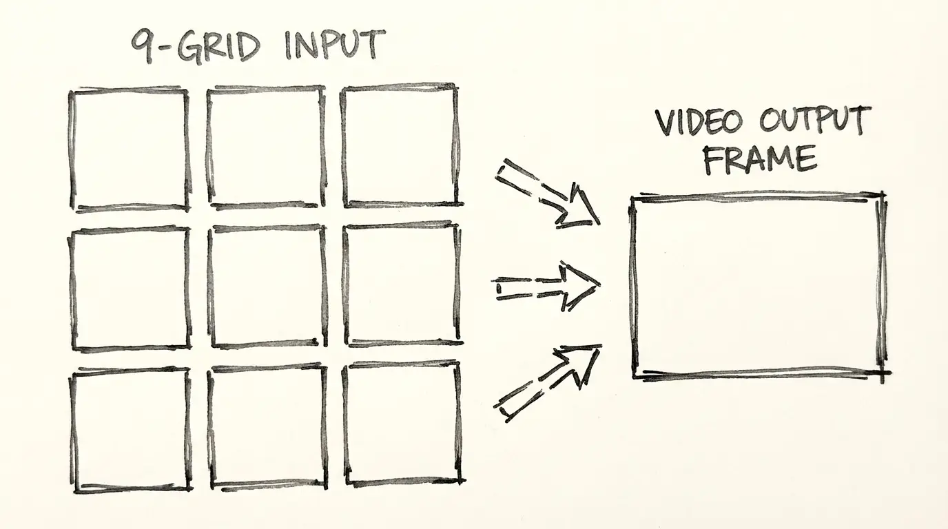 Image-to-video prompting - a reference image on the left and motion instructions on the right connected by simple arrows - minimalist black and white manga style