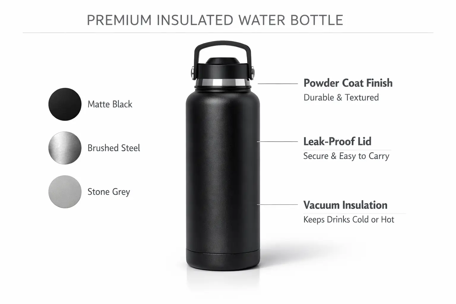 A structured product concept board featuring a central hero product image, complementary material swatches, and short, clear labeled annotations.
