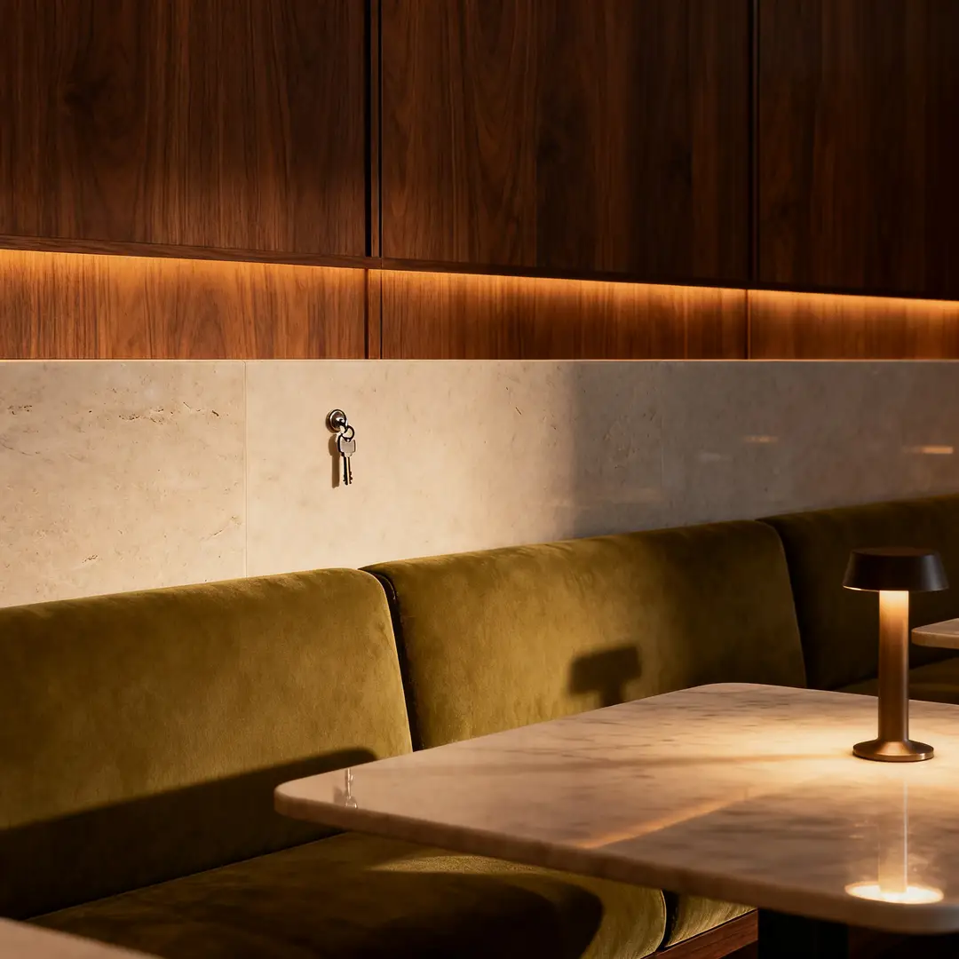 Polished hotel lounge key visual with clean material details, controlled lighting, and a refined hospitality mood.