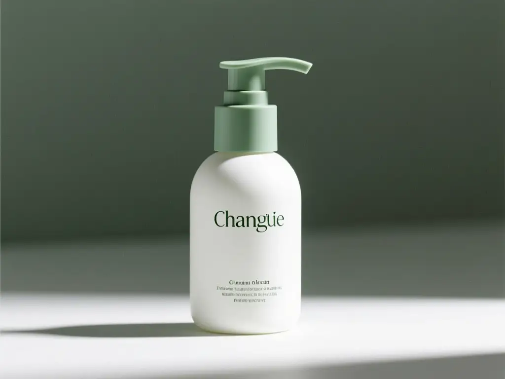 A matte white skincare pump bottle with sage green accents generated from a reference-driven packaging refresh prompt.